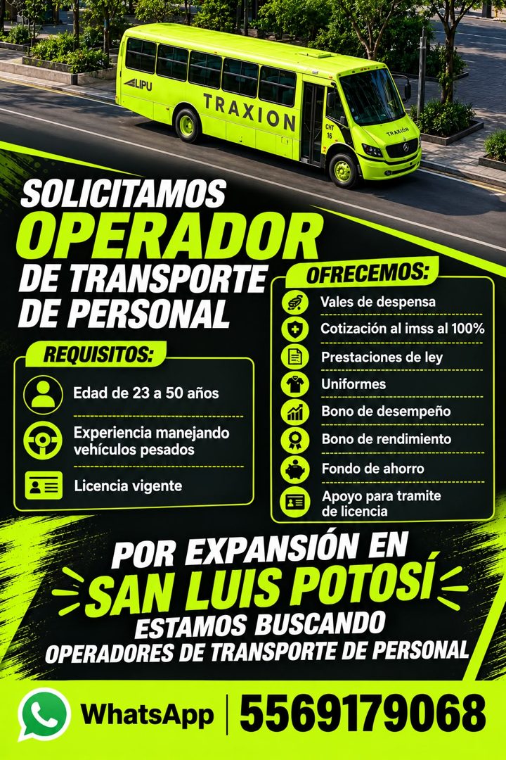 Banner del anuncio de la vacante: ALIPU · TRAXION · CHT · 16 · TRAXIÓN · SOLICITAMOS · OPERADOR · DE TRANSPORTE · OFRECEMOS: · DE PERSONAL · Vales de despensa · Cotización al