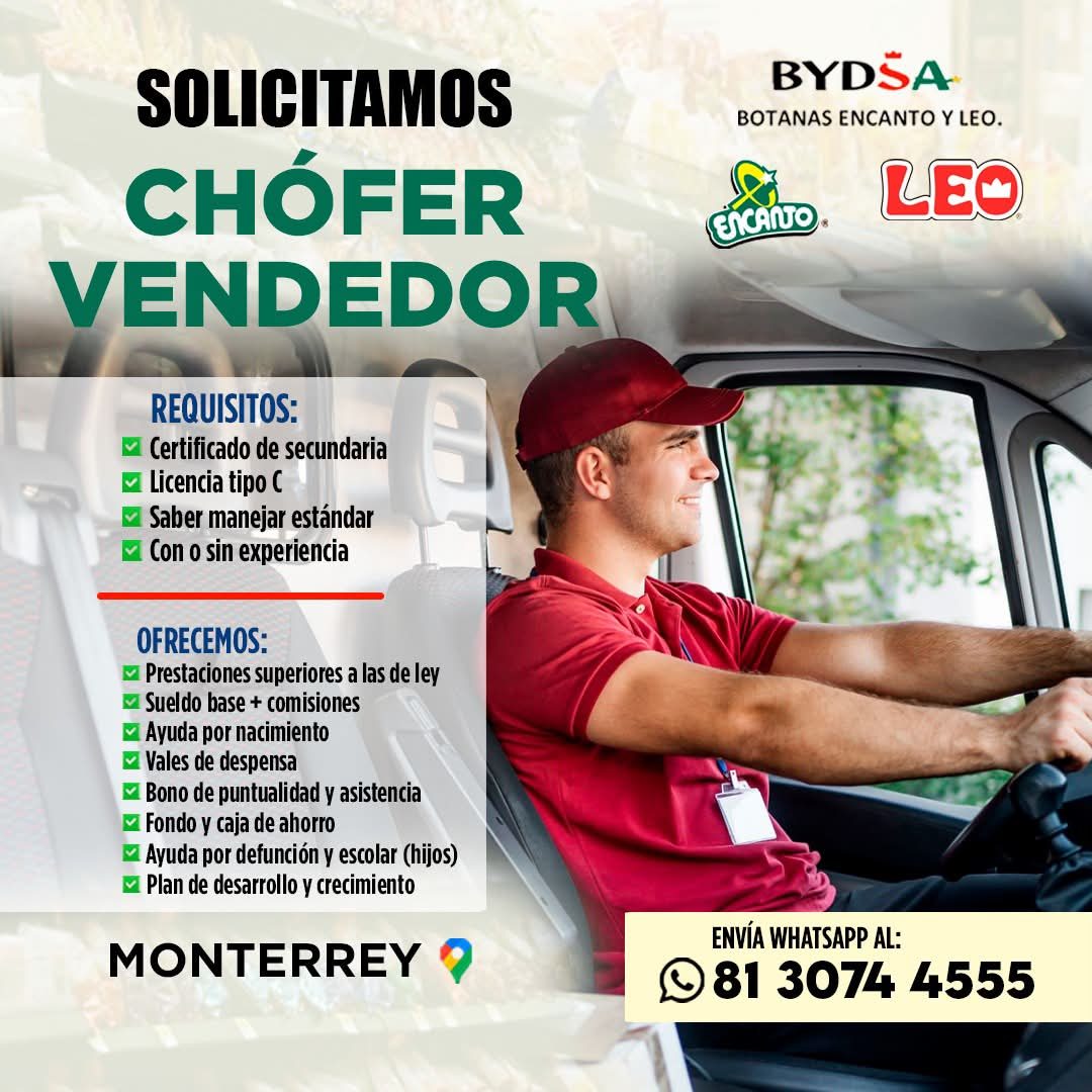 Banner del anuncio de la vacante: SOLICITAMOS · CHÓFER · VENDEDOR · REQUISITOS: · • Certificado de secundaria · Licencia tipo C · • Saber manejar estándar · • Con o sin exper