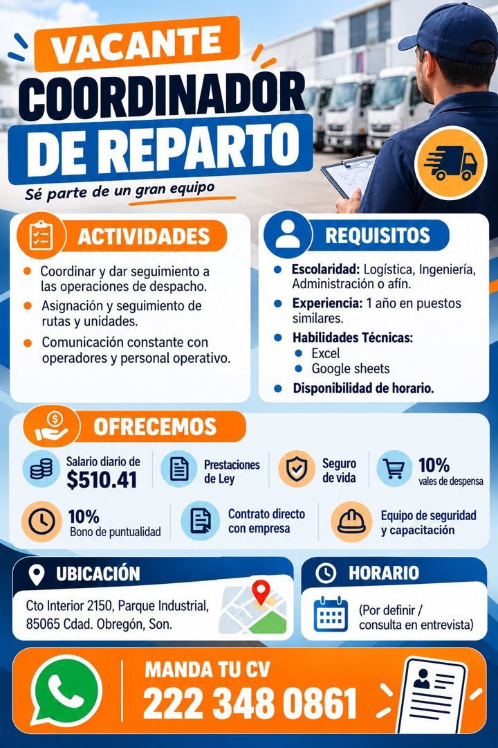 Banner del anuncio de la vacante: VACANTE · COORDINADOR · DE REPARTO · Se parte de un gran equipo · ACTIVIDADES · Coordinar y dar seguimiento a · las operaciones de despacho.