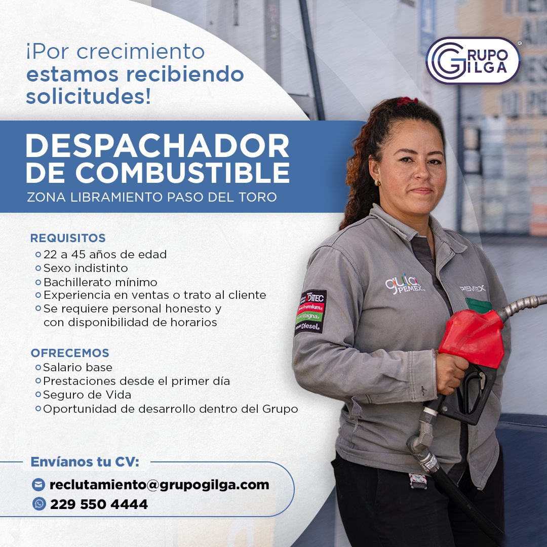 Banner del anuncio de la vacante: iPor crecimiento · estamos recibiendo · solicitudes! · DESPACHADOR · DE COMBUSTIBLE · ZONA LIBRAMIENTO PASO DEL TORO · REQUISITOS · •22 a 45