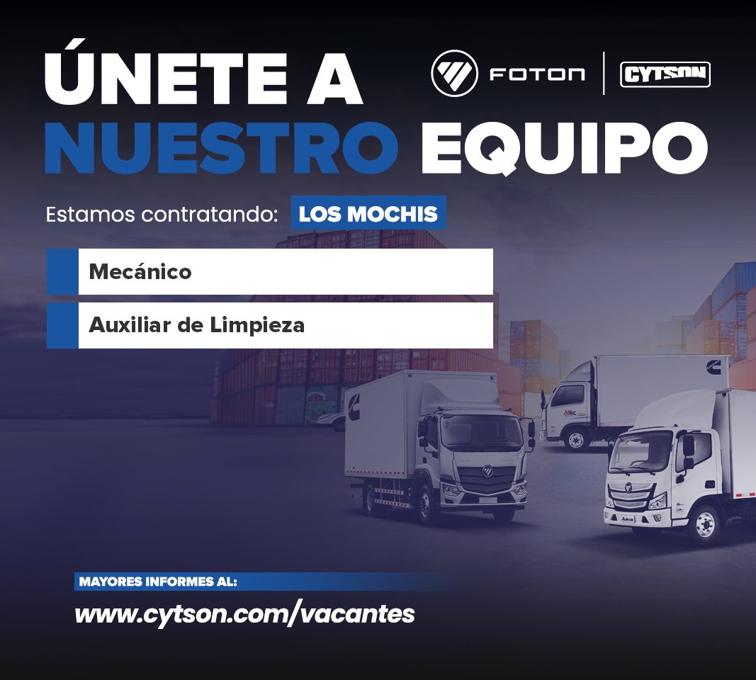 Banner del anuncio de la vacante: ÚNETE A · FOTOn · CYTSON · NUESTRO EQUIPO · Estamos contratando: · LOS MOCHIS · Mecánico · Auxiliar de Limpieza · MAYORES INFORMES AL: · www