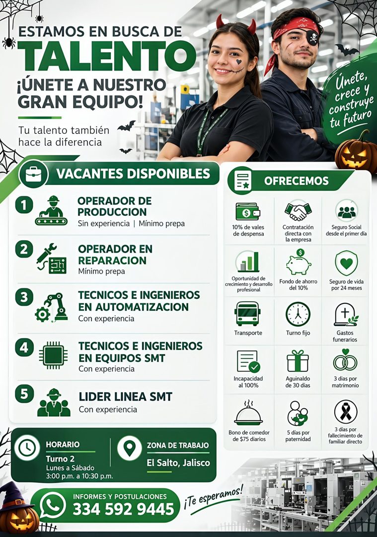 Banner del anuncio de la vacante: ESTAMOS EN BUSCA DE · TALENTO · ¡ÚNETE A NUESTRO · GRAN EQUIPO! · Tu talento también · hace la diferencia · •VACANTES DISPONIBLES · 1) · OPE
