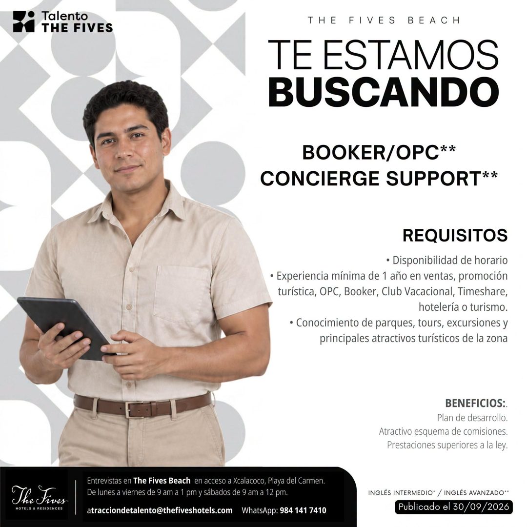Banner del anuncio de la vacante: Talento · THE FIVES · THE FIVES BEACH · TE ESTAMOS · BUSCANDO · BOOKER/OPC** · CONCIERGE SUPPORT** · REQUISITOS · • Disponibilidad de horari