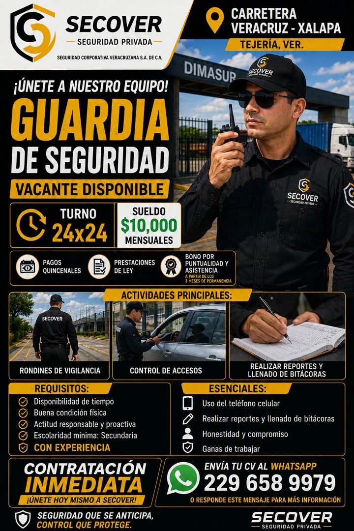 Banner del anuncio de la vacante: G · SECOVER · - SEGURIDAD PRIVADA · SEGURIDAD CORPORATIVA VERACRUZANA S.A. DE C.V. · ¡ÚNETE A NUESTRO EQUIPO! · GUARDIA · DE SEGURIDAD · VAC