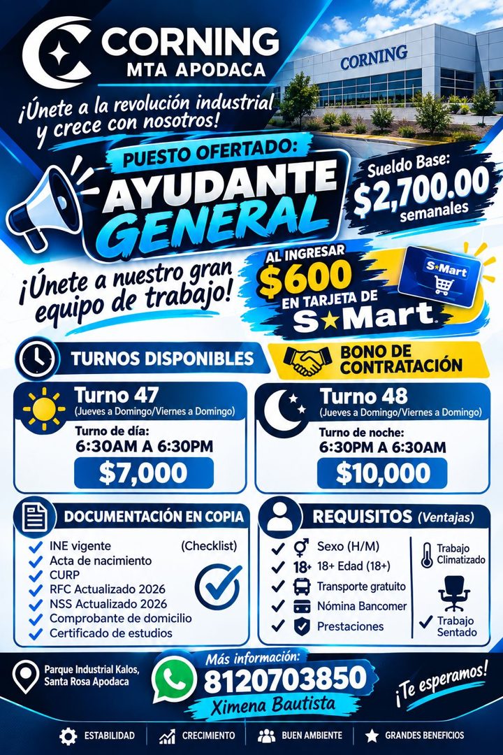 Banner del anuncio de la vacante: CORNING · MTA APODACA · CORNING · ¡Únete a la revolución industrial · y crece con nosotros! · PUESTO OFERTADO: · AYUDANTE · Sueldo Base: · $