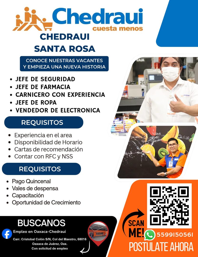 Banner del anuncio de la vacante: Chedraui · cuesta menos · CHEDRAUI · SANTA ROSA · CONOCE NUESTRAS VACANTES · Y EMPIEZA UNA NUEVA HISTORIA · • JEFE DE SEGURIDAD · • JEFE DE 