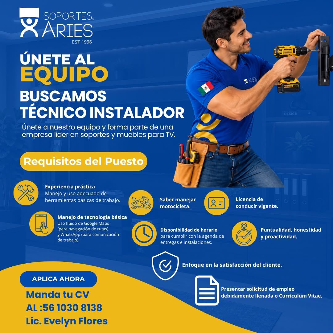 Banner del anuncio de la vacante: SOPORTES. · ARIES · EST 1996 · ÚNETE AL · EQUIPO · BUSCAMOS · TÉCNICO INSTALADOR · Únete a nuestro equipo y forma parte de una · empresa lid