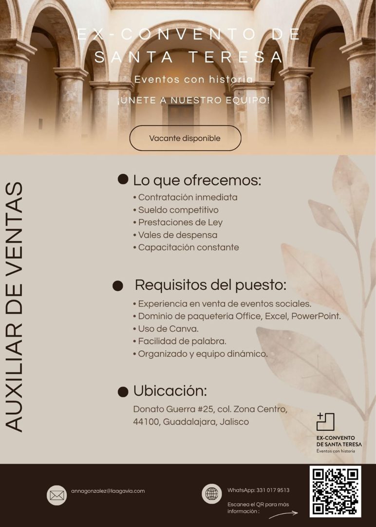 Banner del anuncio de la vacante: - C · ONVENTO · SANTA · ' TERESA · Eventos con historia · ÚNETE A NUESTRO EQUIPO! · Vacante disponible · AUXILIAR DE VENTAS · • Lo que ofrec