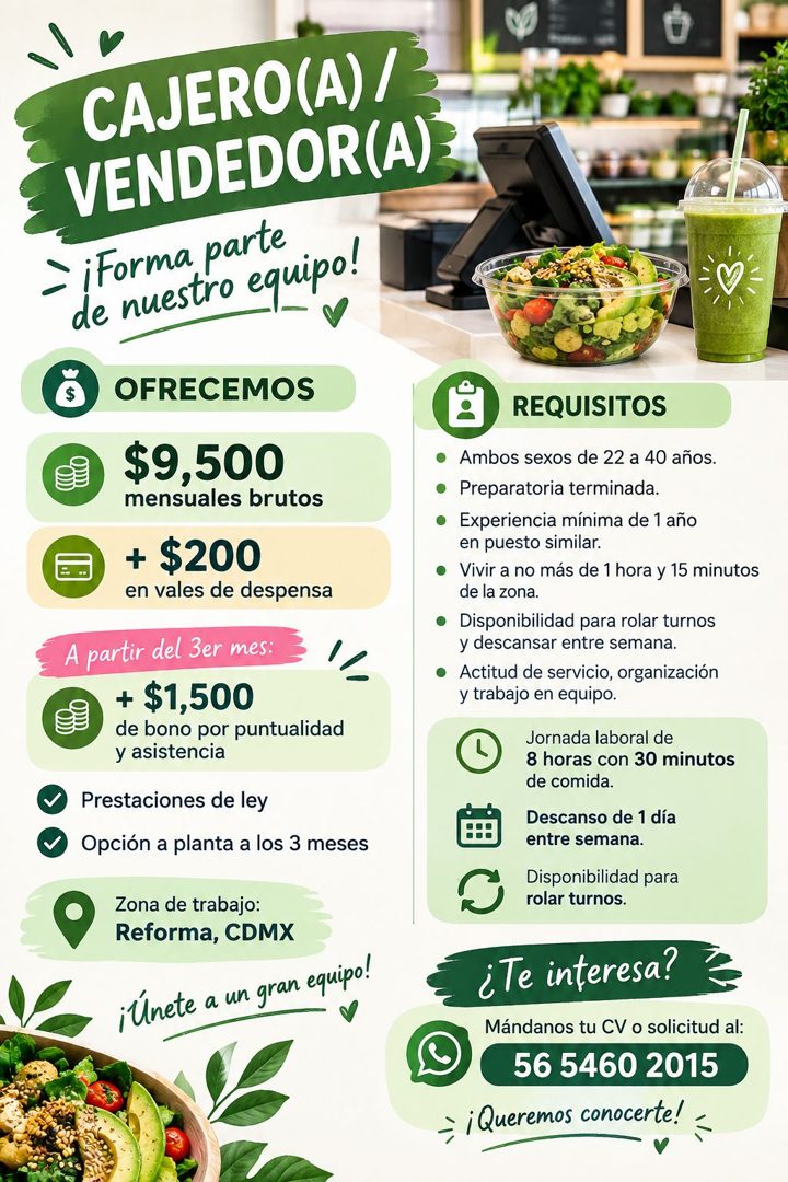 Banner del anuncio de la vacante: CAJERO(A) / · VENDEDOR(A) · ¡Forma parte · de nuestro equipo! · OFRECEMOS · $9,500 · mensuales brutos · + $200 · en vales de despensa · A pa