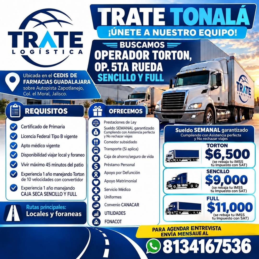 Banner del anuncio de la vacante: TRATE · LO · GÍSTI · A · A · Ubicada en el CEDIS DE · FARMACIAS GUADALAJARA · sobre Autopista Zapotlanejo, · Col. el Moral, Jalisco. · REQUI