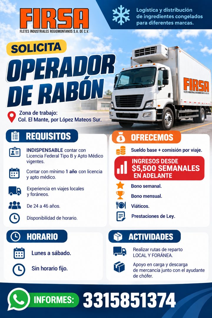 Banner del anuncio de la vacante: FIRSA · FLETES INDUSTRIALES REGIOMONTANOS S.A. DE C.V. · SOLICITA · OPERADOR · DE RABÓN · Zona de trabajo: · Col. El Mante, por López Mateos