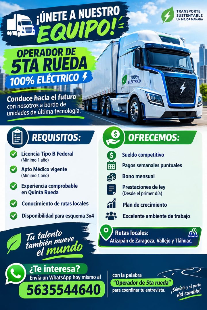 Banner del anuncio de la vacante: •ÚNETE A NUESTRO · EQUIPO!= · OPERADOR DE · 5TA RUEDA · 100% ELÉCTRICO 4 · Conduce hacia el futuro · con nosotros a bordo de · unidades de ú