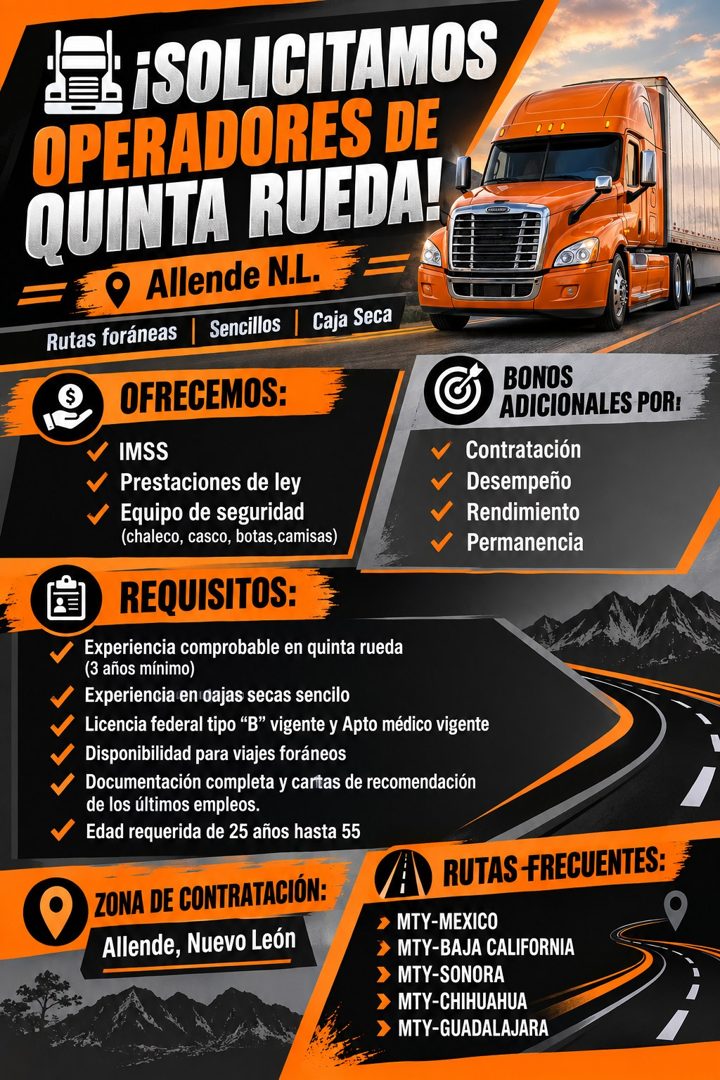 Banner del anuncio de la vacante: E ¡SOLICITAMOS · OPERADORES DE · QUINTA RUEDA! · Allende N.L. · Rutas foráneas · Sencillos · Caja Seca · OFRECEMOS: · IMSS · Prestaciones de