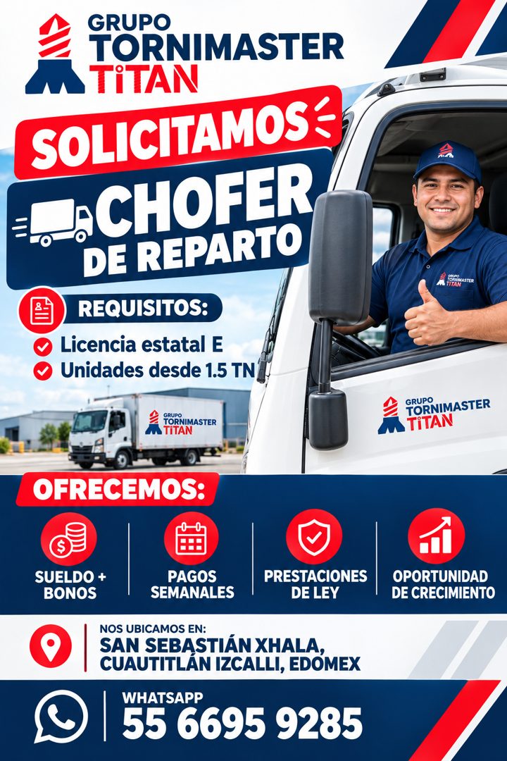Banner del anuncio de la vacante: GRUPO · TORNIMASTER · TITAN · SOLICITAMOS€ · : CHOFER · DE REPARTO · REQUISITOS: · Licencia estatal E · Unidades desde 1.5 TN · TITAN · GRUP