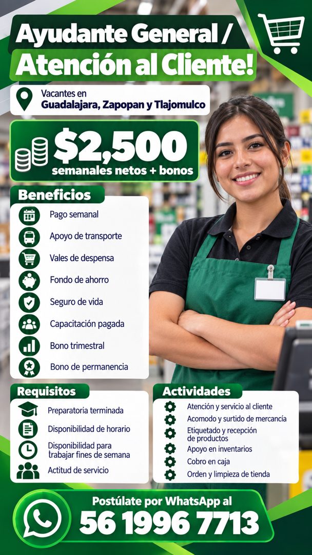 Banner del anuncio de la vacante: Ayudante General / · Atención al Cliente! · Vacantes en · Guadalajara, Zapopan y Tlajomulco · $2,500 · semanales netos + bonos · Beneficios 