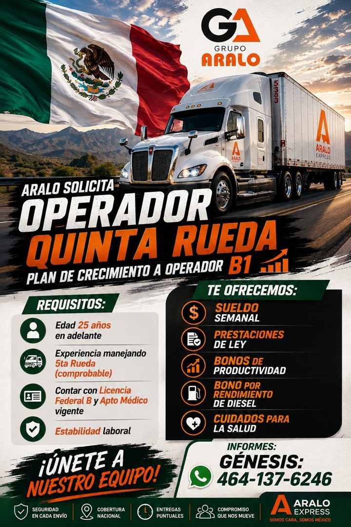 Banner del anuncio de la vacante: GRUPO · ARALO · 00 · ARALO · A · ARALO · EXPRESS · ARALO SOLICITA · OPERADOR® · QUINTA RUEDA · PLAN DE CRECIMIENTO A OPERADOR B1 - · TE OFRE