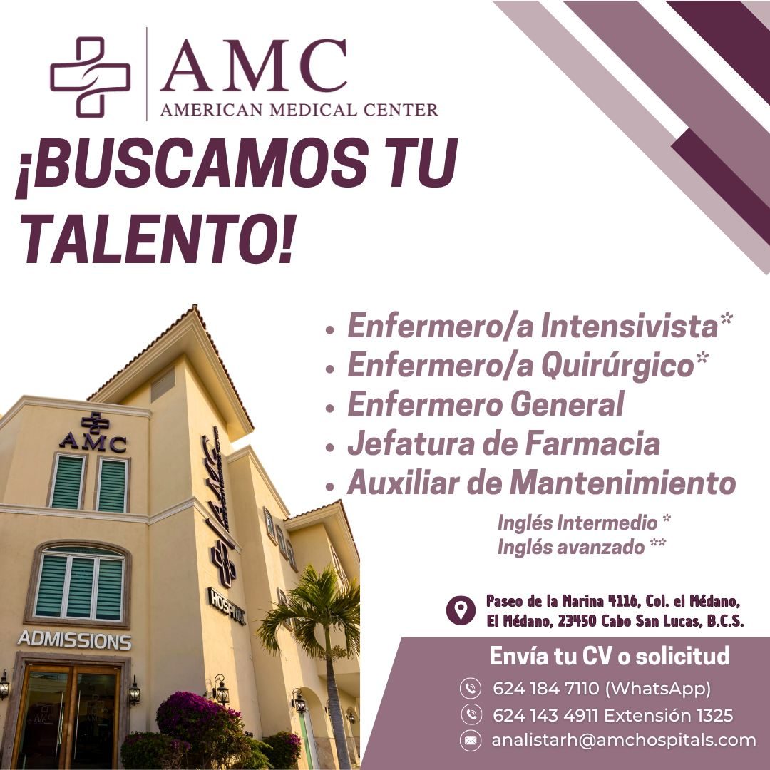 Banner del anuncio de la vacante: AMC · AMERICAN MEDICAL CENTER · ¡BUSCAMOS TU · TALENTO! · AMC · ADMISSIONS · • Enfermero/a Intensivista* · • Enfermero/a Quirúrgico · • Enfe