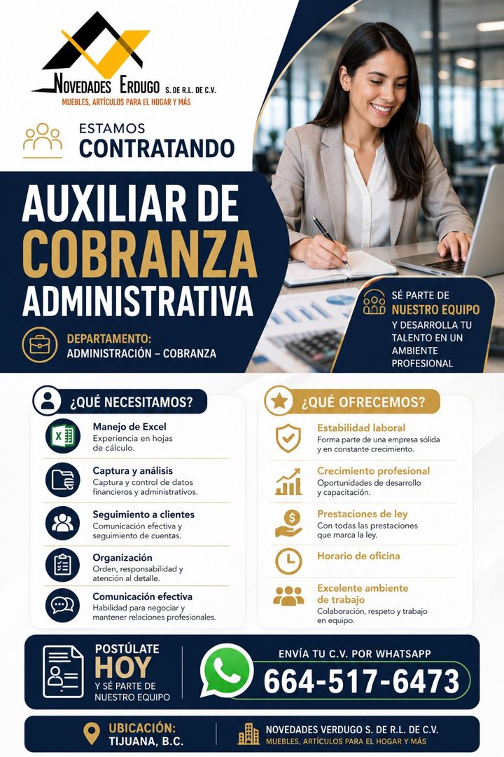 Banner del anuncio de la vacante: NOVEDADES ERDUGO · •S. DE R.L. DE C.V. · MUEBLES, ARTICULOS PARA EL HOGAR Y MAS · ESTAMOS · CONTRATANDO · AUXILIAR DE · COBRANZA · ADMINISTR