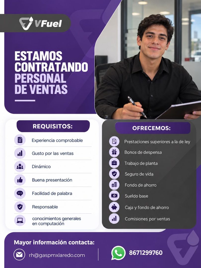 Banner del anuncio de la vacante: VFuel · ESTAMOS · CONTRATANDO · PERSONAL · DE VENTAS · REQUISITOS: · Experiencia comprobable · Gusto por las ventas · Dinámico · Buena prese