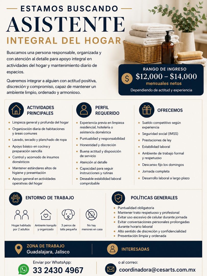 Banner del anuncio de la vacante: - ESTAMOS BUSCANDO - · ASISTENTE · INTEGRAL DEL HOGAR · Buscamos una persona responsable, organizada y · con atención al detalle para apoyo 