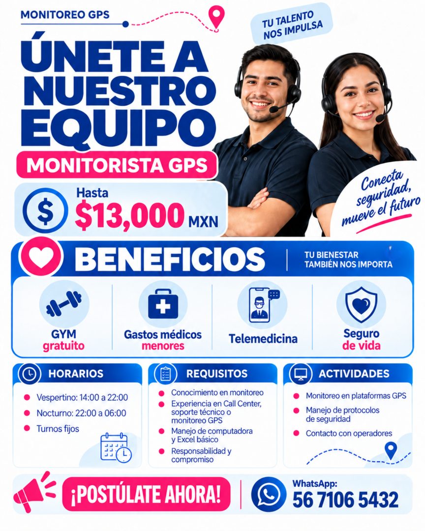 Banner del anuncio de la vacante: MONITOREO GPS · ÚNETE A · NUESTRO · EQUIPO · MONITORISTA GPS · Hasta · S · $13,000 MXN · BENEFICIOS · TU TALENTO · NOS IMPULSA · Conecta · s