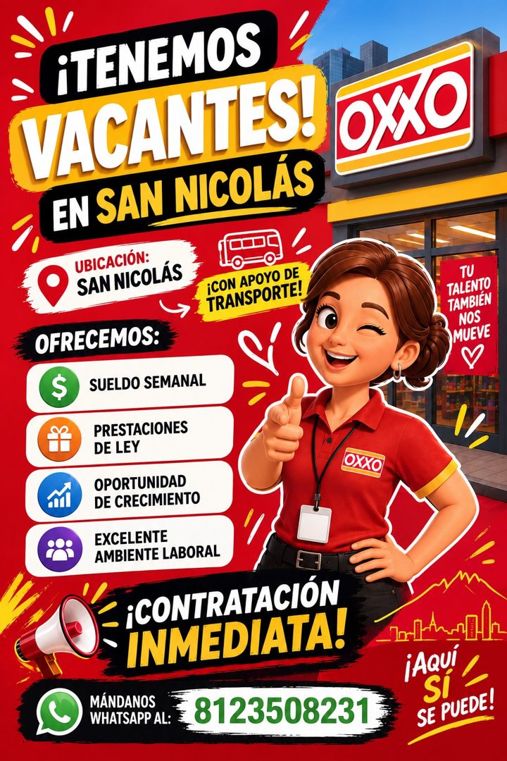 Banner del anuncio de la vacante: ¡TENEMOS · VACANTES! · EN SAN NICOLÁS · UBICACIÓN: · SAN NICOLÁS · 115 0 · ¡CON APOYO DE · TRANSPORTE! · OFRECEMOS: · S · SUELDO SEMANAL · P