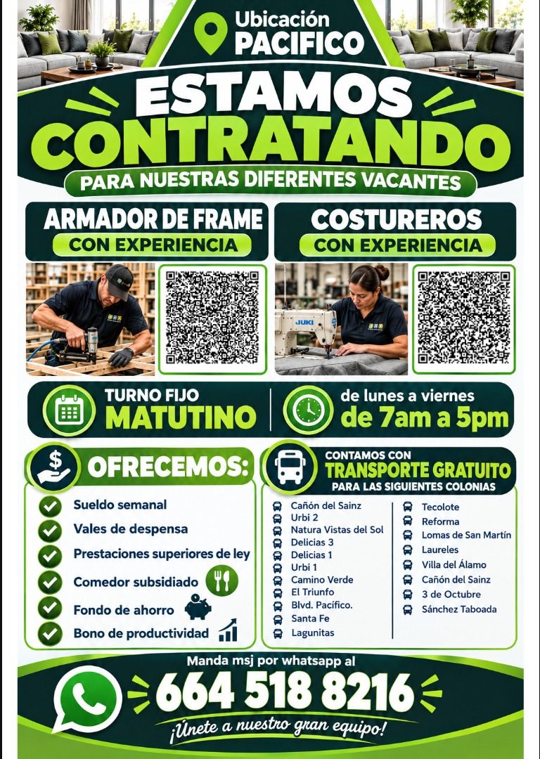 Banner del anuncio de la vacante: Ubicación · PACIFICO · ESTAMOS · CONTRATANDO · PARA NUESTRAS DIFERENTES VACANTES · ARMADOR DE FRAME · COSTUREROS · CON EXPERIENCIA · CON EXP