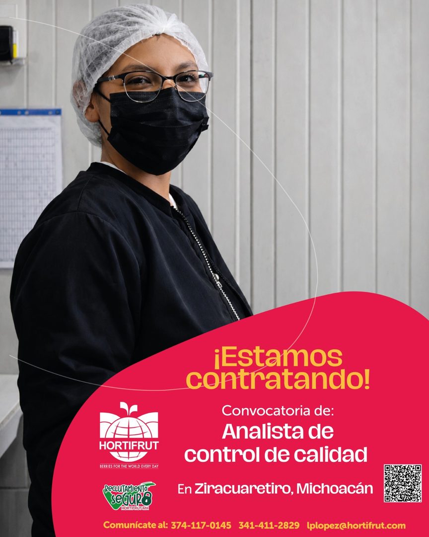 Banner del anuncio de la vacante: HORTIFRUT · BERRIES FOR THE WORLD EVERY DAY · RecLUTAMIeNTo · SeGUR® · HORTIFRUTMX · ¡Estamos · contratando! · Convocatoria de: · Analista d