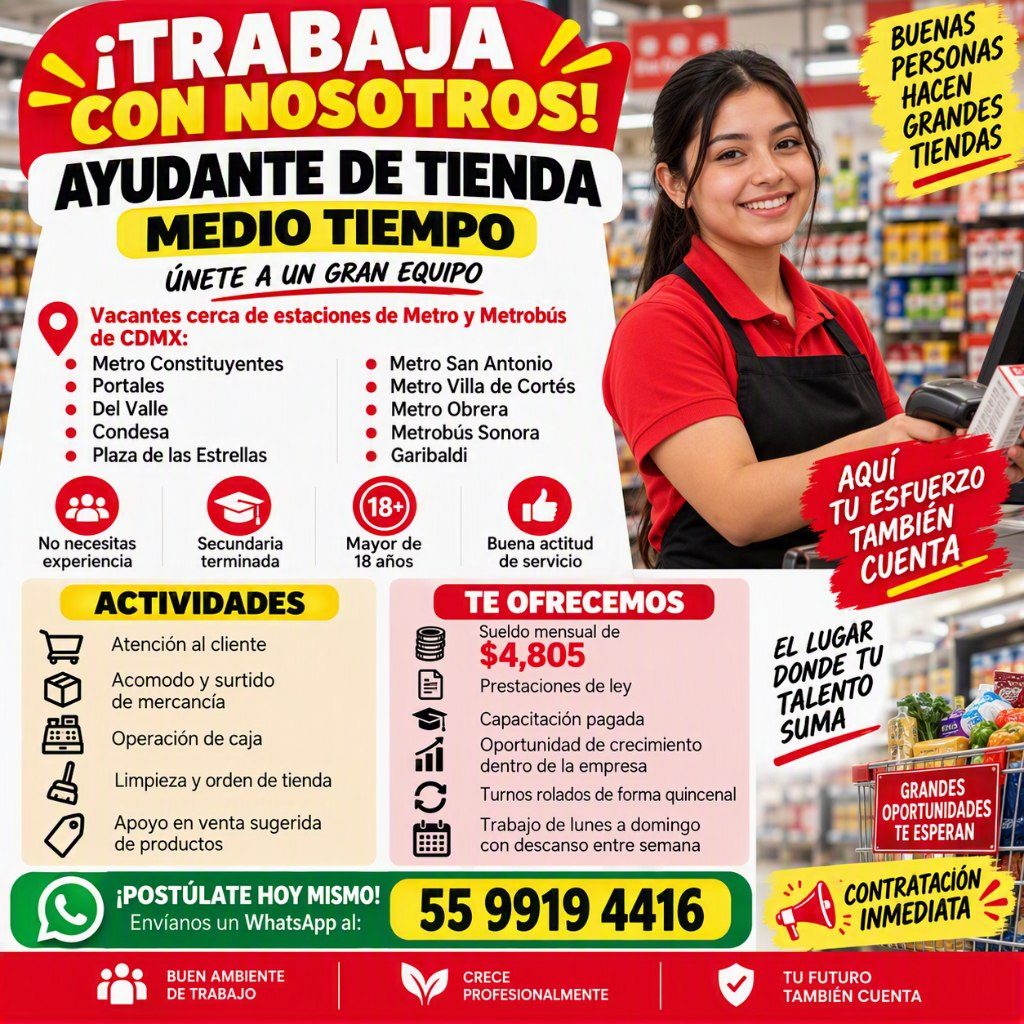Banner del anuncio de la vacante: SiTRABAJA · CON NOSOTROS! · AYUDANTE DE TIENDA · MEDIO TIEMPO · ÚNETE A UN GRAN EQUIPO · Vacantes cerca de estaciones de Metro y Metrobús · 