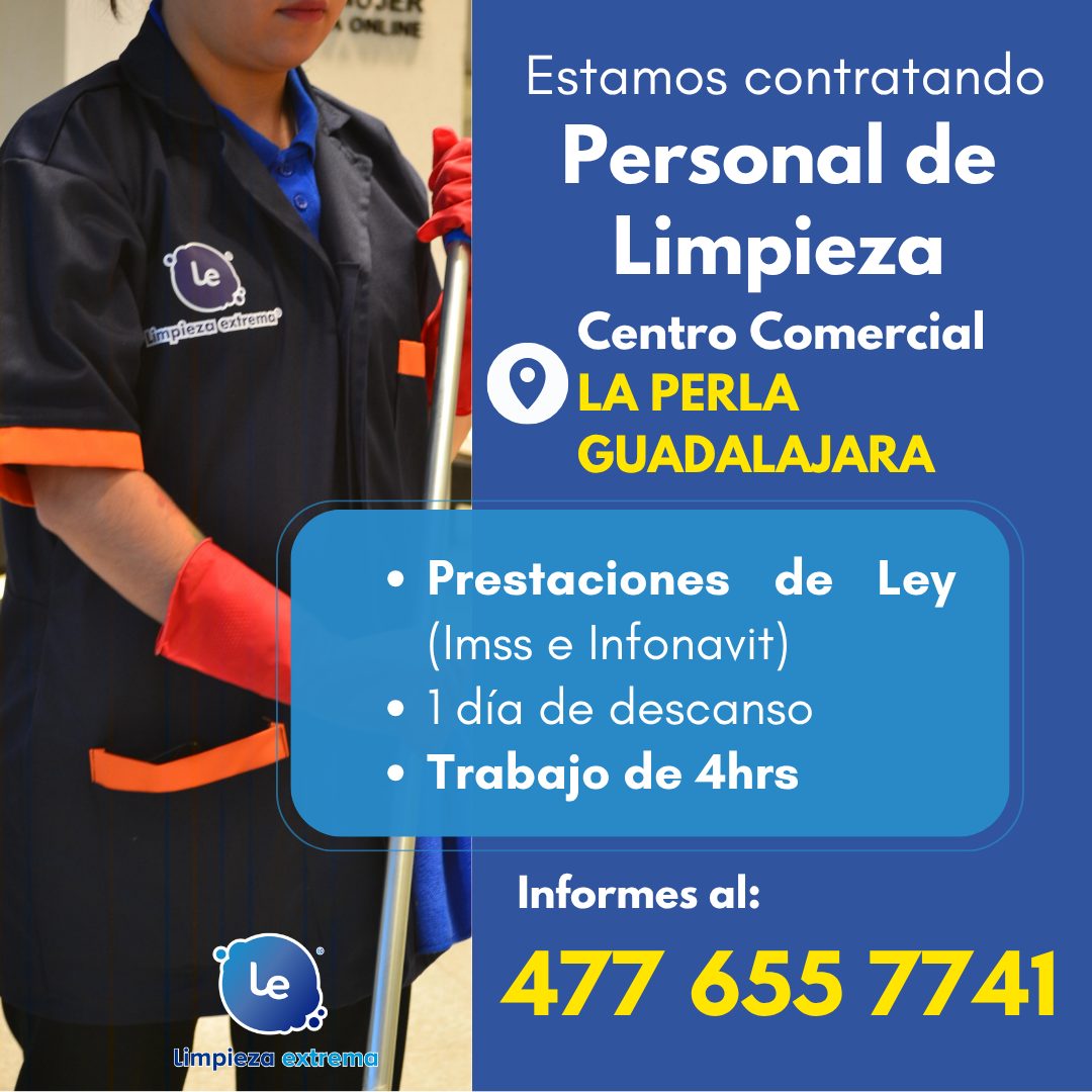 Banner del anuncio de la vacante: VOCK · ONEINE · Le · Limpieza extremos · Le · Limpieza extrema · Estamos contratando · Personal de · Limpieza · Centro Comercial · LA PERLA 