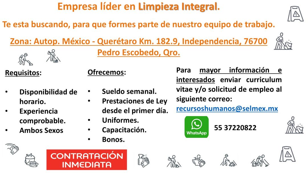 Banner del anuncio de la vacante: Empresa líder en Limpieza Integral. · Te esta buscando, para que formes parte de nuestro equipo de trabajo. · Zona: Autop. México - Querétar