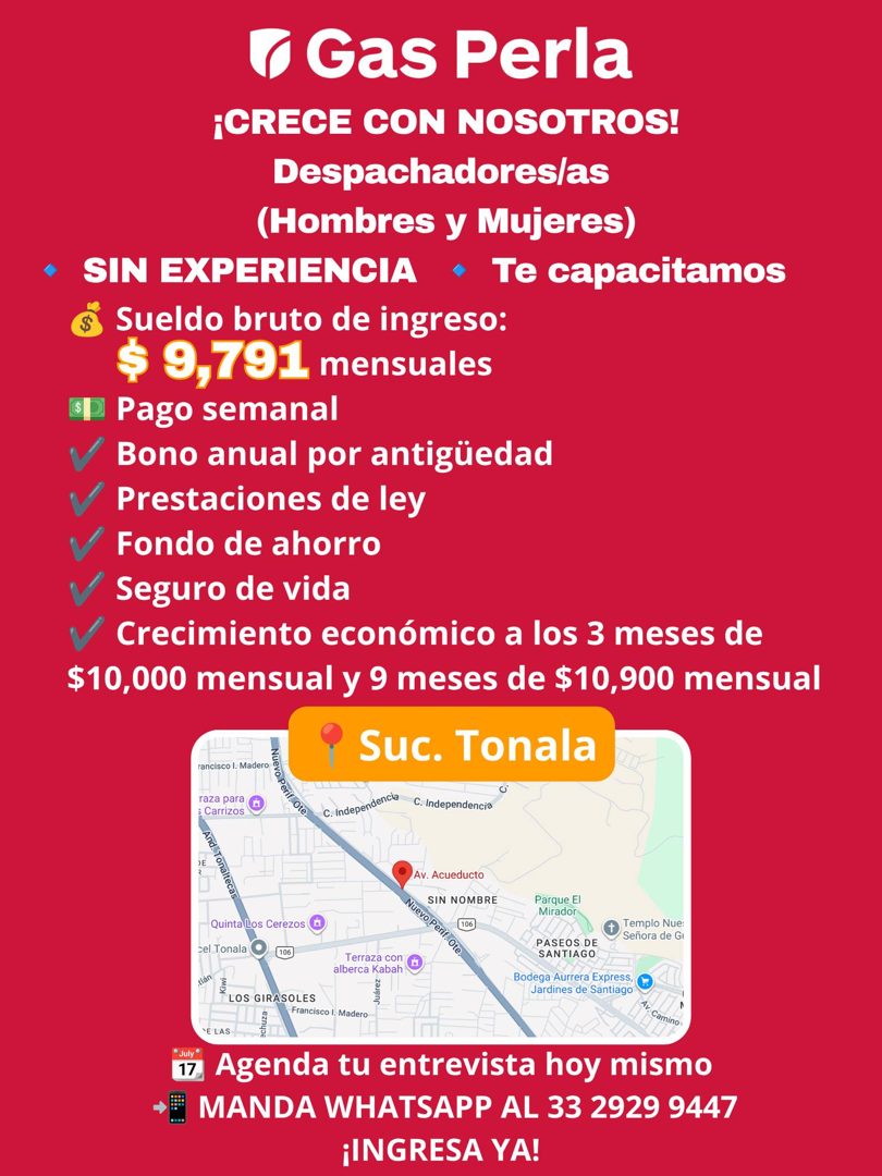 Banner del anuncio de la vacante: & Gas Perla · ¡CRECE CON NOSOTROS! · Despachadores/as · (Hombres y Mujeres) · • SIN EXPERIENCIA • Te capacitamos · Sueldo bruto de ingreso: 