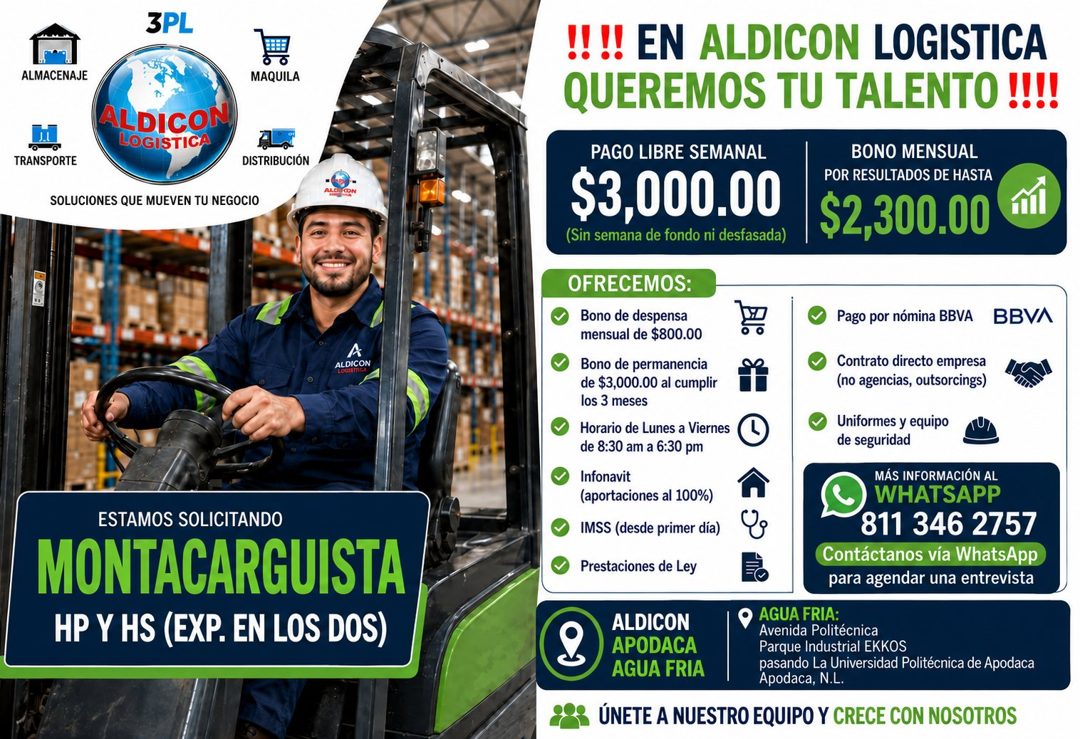 Banner del anuncio de la vacante: 3PL · ALMACENAJE · MAQUILA · ALDICON · LOGISTICA · TRANSPORTE · DISTRIBUCION · SOLUCIONES QUE MUEVEN TU NEGOCIO · A · ALDICON · ESTAMOS SOLI