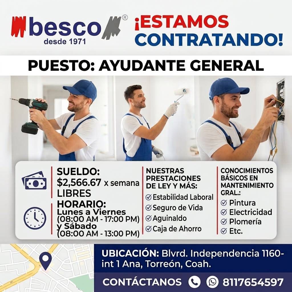 Banner del anuncio de la vacante: Ibesco · ° ¡ESTAMOS · desde 1971 · CONTRATANDO! · PUESTO: AYUDANTE GENERAL · SUELDO: · $2,566.67 x semana · LIBRES · HORARIO: · Lunes a Vier
