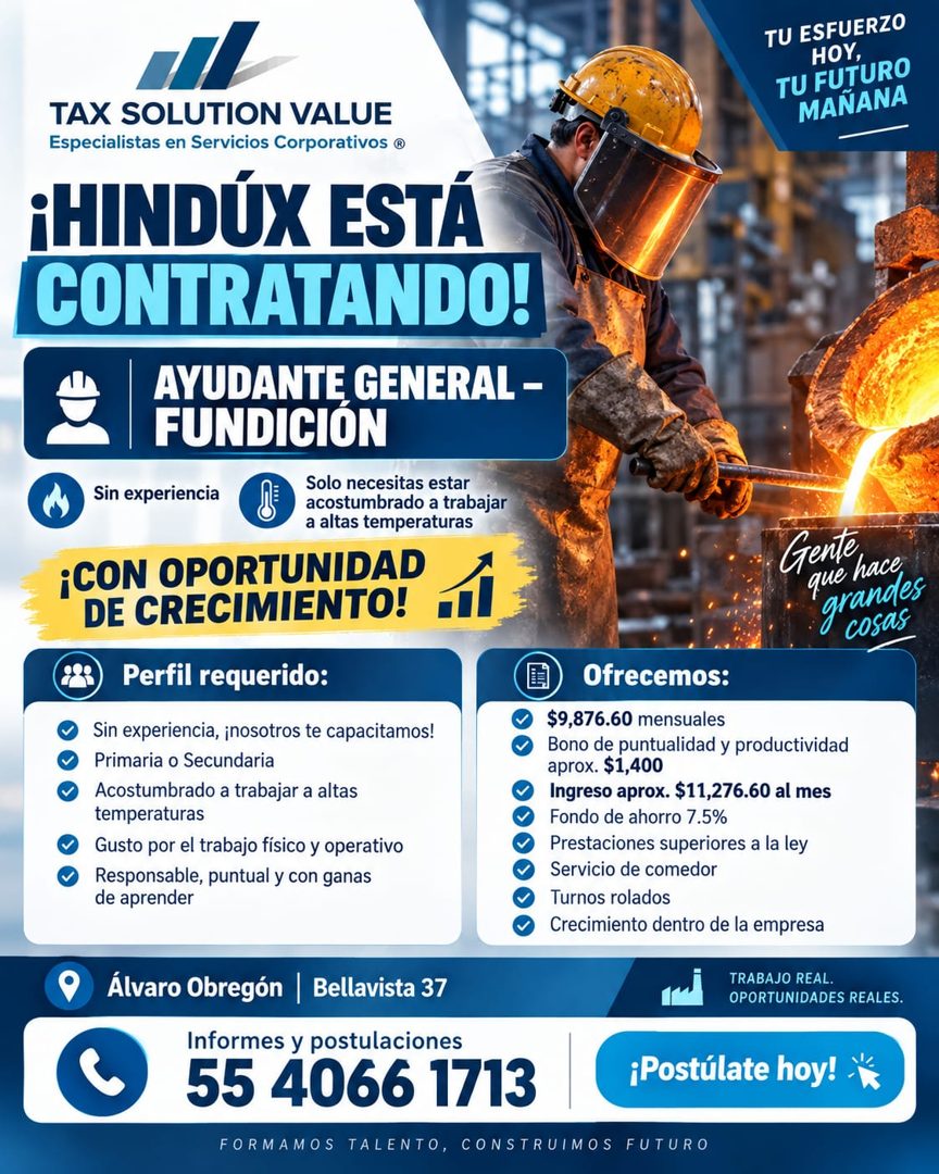 Banner del anuncio de la vacante: TU ESFUERZO · HOY, · TU FUTURO · MAÑANA · TAX SOLUTION VALUE · Especialistas en Servicios Corporativos ® · ¡HINDUX ESTÁ · CONTRATANDO! · AYU