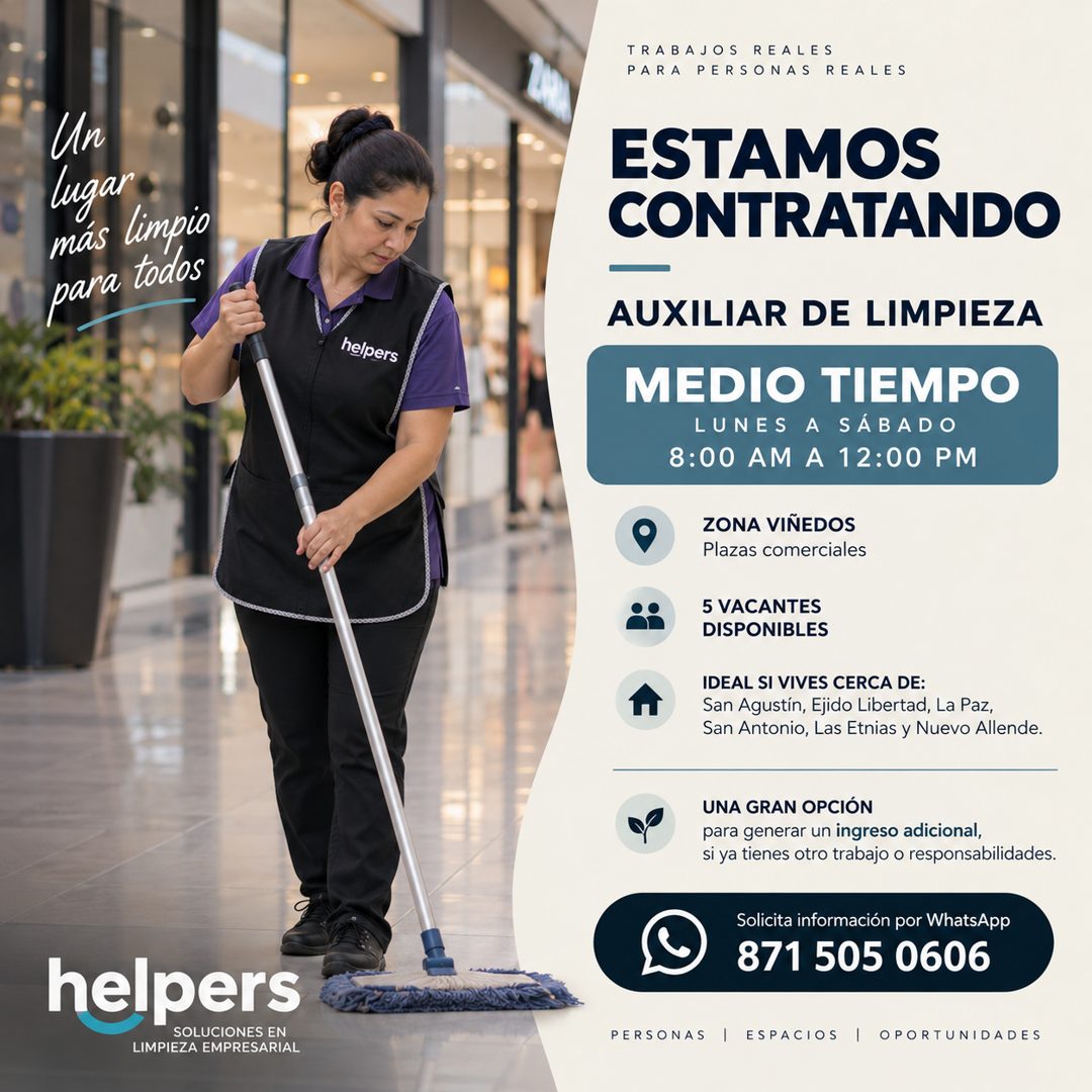 Banner del anuncio de la vacante: Un · lugar · más limpio · para todos · helpers · helpers · SOLUCIONES EN · LIMPIEZA EMPRESARIAL · TRABAJOS REALES · PARA PERSONAS REALES · E