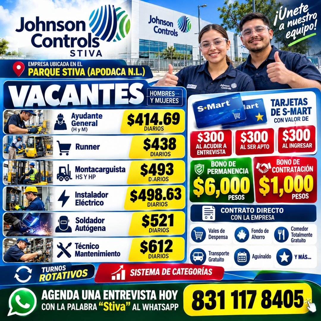 Banner del anuncio de la vacante: Johnson · Johnson · Controls · Controls · STIVA · EMPRESA UBICADA EN EL · PARQUE STIVA (APODACA N.L.) · VACANTES · HOMBRES · Y MUJERES · Ayu