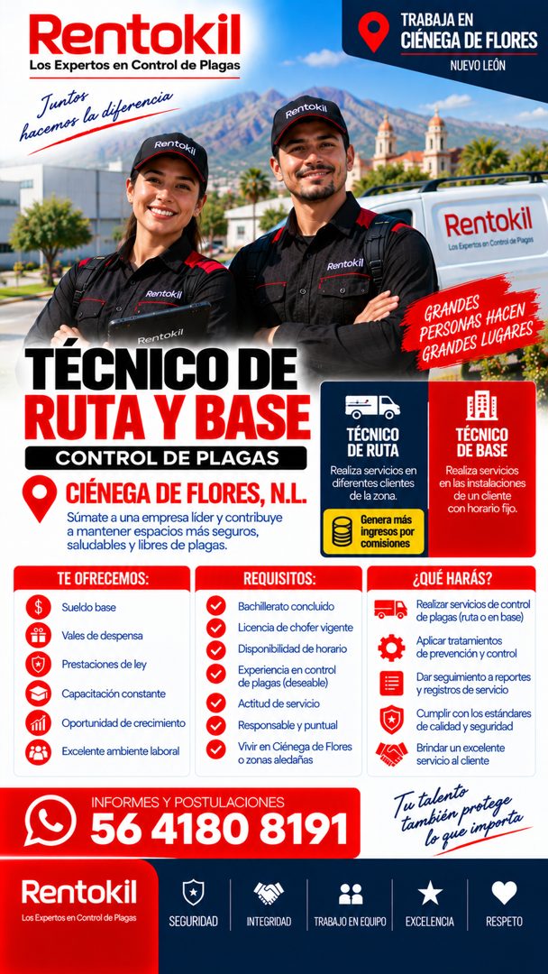 Banner del anuncio de la vacante: Rentokil · Los Expertos en Control de Plagas · Juntos · la diferencia · hacemos · Rentoki · TRABAJA EN · CIÉNEGA DE FLORES · NUEVO LEÓN · pe