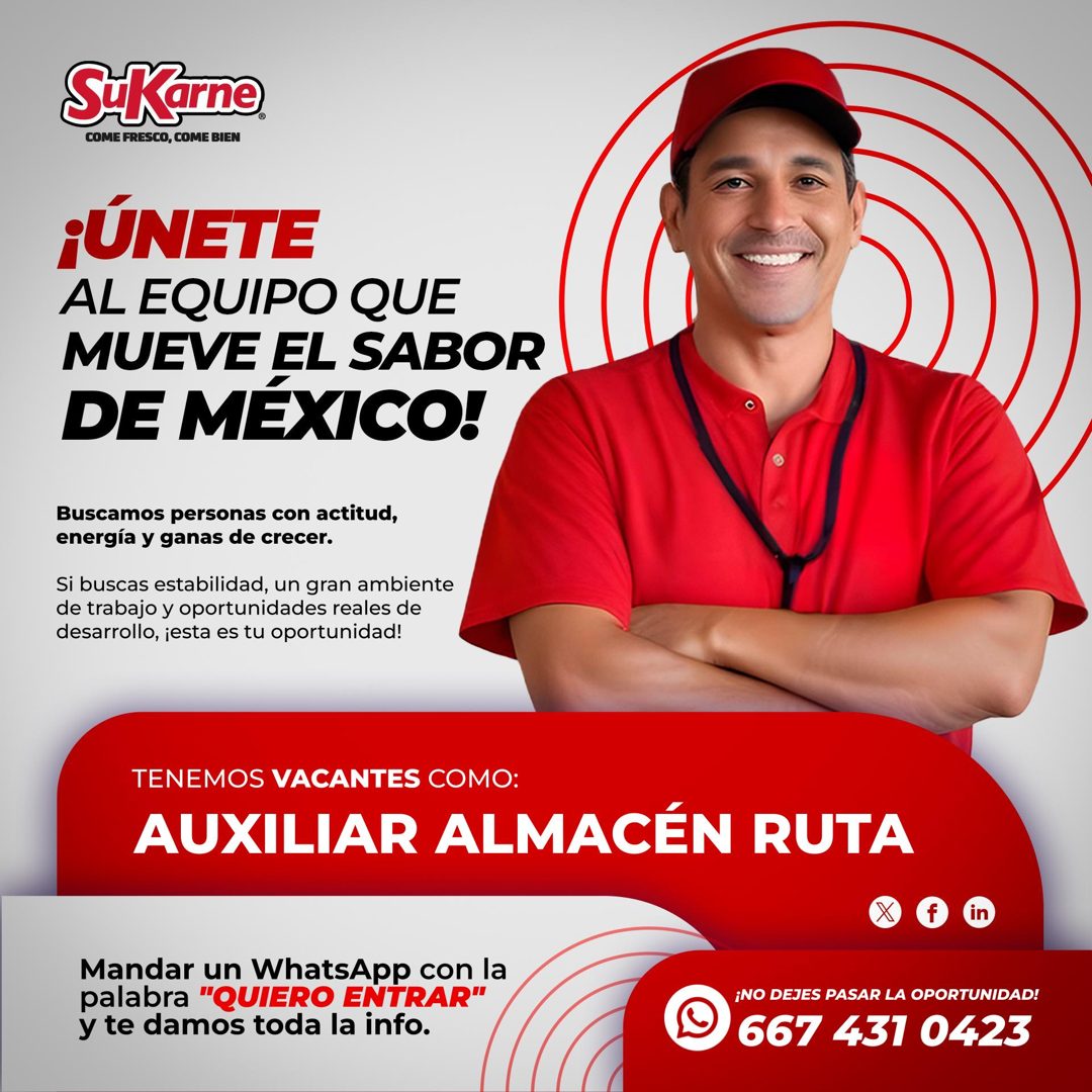 Banner del anuncio de la vacante: SiKarne · COME FRESCO, COME BIEN · ¡ÚNETE · AL EQUIPO QUE · MUEVE EL SABOR · DE MÉXICO! · Buscamos personas con actitud, · energía y ganas d