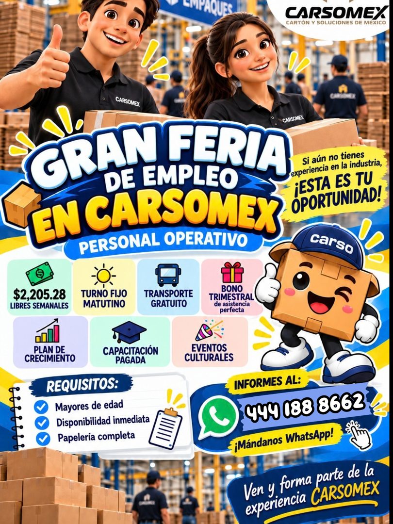 Banner del anuncio de la vacante: EMPAQUES. · CARSOMEX · CARTÓN Y SOLUCIONES DE MÉXICO · CARSOMEX · GRAN FERIA · DE EMPLEO · Si aún no tienes · experiencia en la industria, ·