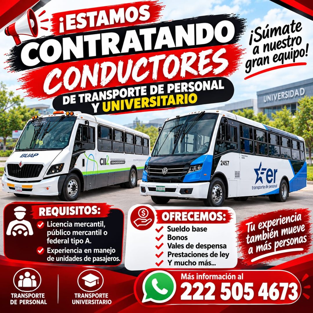 Banner del anuncio de la vacante: P 5 ¡ESTAMOS · CONTRATANDO · CONDUCTORES · DE TRANSPORTE DE PERSONAL · Y UNIVERSITARIO · ¡Súmate · a nuestro · gran equipo! · UNIVERSIDAD · 