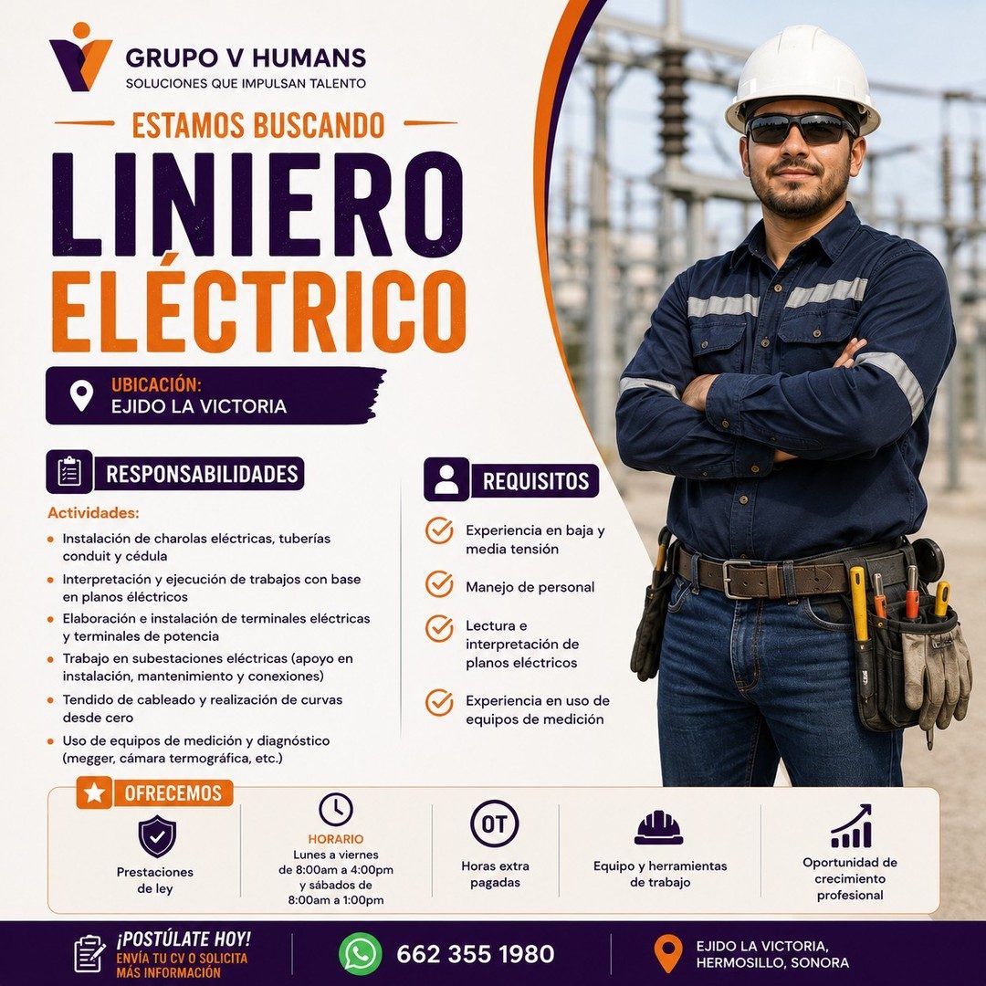 Banner del anuncio de la vacante: GRUPO V HUMANS · SOLUCIONES QUE IMPULSAN TALENTO · ESTAMOS BUSCANDO - · LINIERO · ELECTRICO · UBICACIÓN: · EJIDO LA VICTORIA · RESPONSABILID
