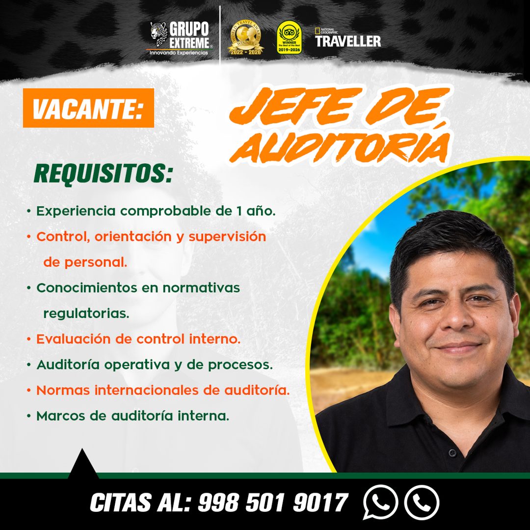 Banner del anuncio de la vacante: GRUPO · EXTREME. · Innovando Experiencias · TRAVEL AS · WINNER - · 2022-2026 · WINNER... · 2019-2026 · TRAVELLER · VACANTE: · JEFE DE · ALID