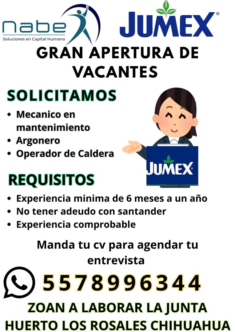 Banner del anuncio de la vacante: nabe}) · JUMEX · Soluciones en Capital Humano · GRAN APERTURA DE · VACANTES · SOLICITAMOS · • Mecanico en · mantenimiento · • Argonero · • O