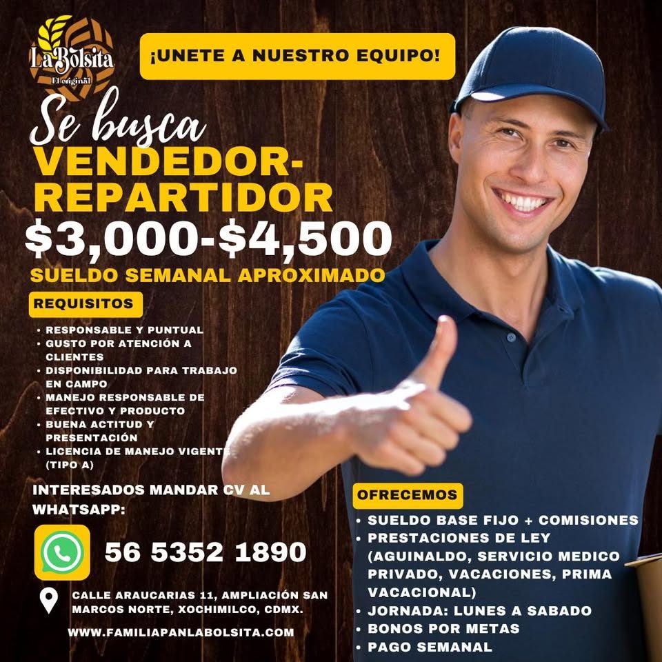Banner del anuncio de la vacante: a Jolsita · ¡UNETE A NUESTRO EQUIPO! · lloriginal · Se busca · VENDEDOR- · REPARTIDOR · $3,000-$4,500 · SUELDO SEMANAL APROXIMADO · REQUISIT