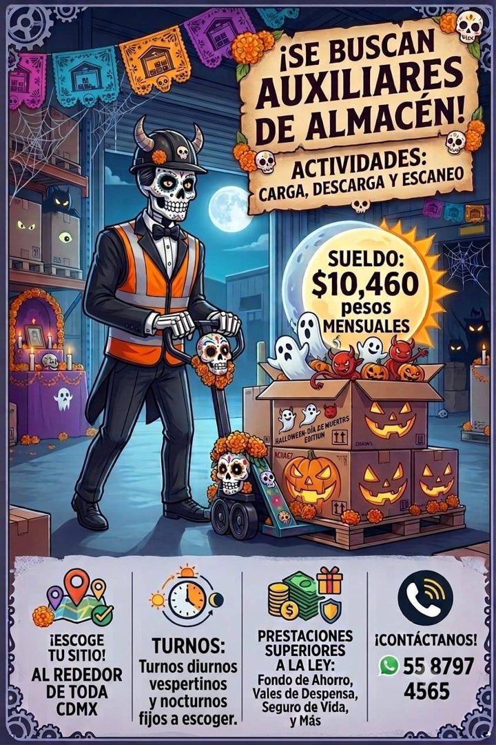 Banner del anuncio de la vacante: -(F · * · iSE BUSCAN · AUXILIARES · DE ALMACÉN! · ACTIVIDADES: · CARGA, DESCARGA Y ESCANEO · SUELDO: · $10,460 · pesos · MENSUALES · HALLOWE