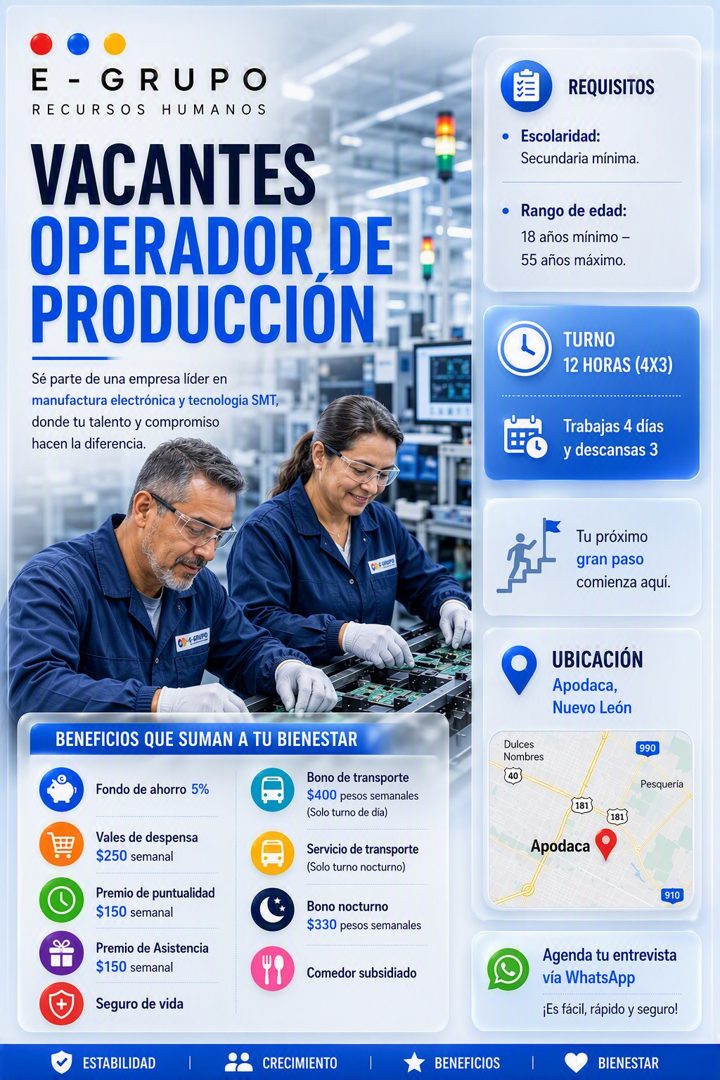 Banner del anuncio de la vacante: E - GRUPO · RECURSOS HUMANOS · VACANTES · OPERADOR DE · PRODUCCIÓN · Sé parte de una empresa líder en · manufactura electrónica y tecnología