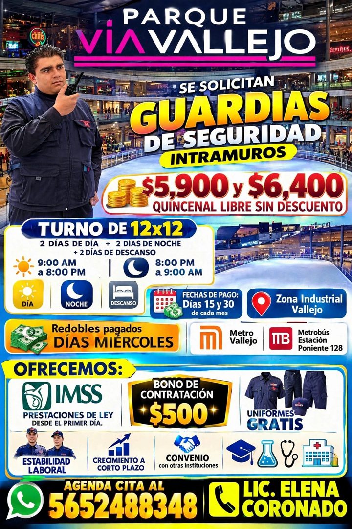 Banner del anuncio de la vacante: chimis · PARQUE · VIA VALLEJO · DIPIPLE · *SE SOLICITAN · GUARDIAS · DE SEGURIDAD. · INTRAMUROS · $5,900 y $6,400 · QUINCENAL LIBRE SIN DESC