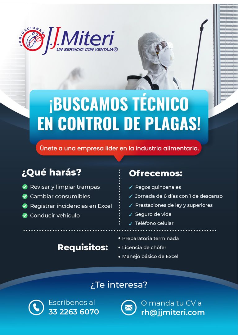 Banner del anuncio de la vacante: GACIONA · 9 Miteri · UN SERVICIO CON VENTAJA® · ¡BUSCAMOS TÉCNICO · EN CONTROL DE PLAGAS! · Únete a una empresa líder en la industria alimen