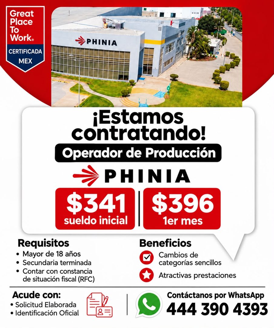 Banner del anuncio de la vacante: Great · Place · To · Work® · CERTIFICADA · MEX · 22.21 281 · PHINIA · Requisitos · • Mayor de 18 años · • Secundaria terminada · • Contar co
